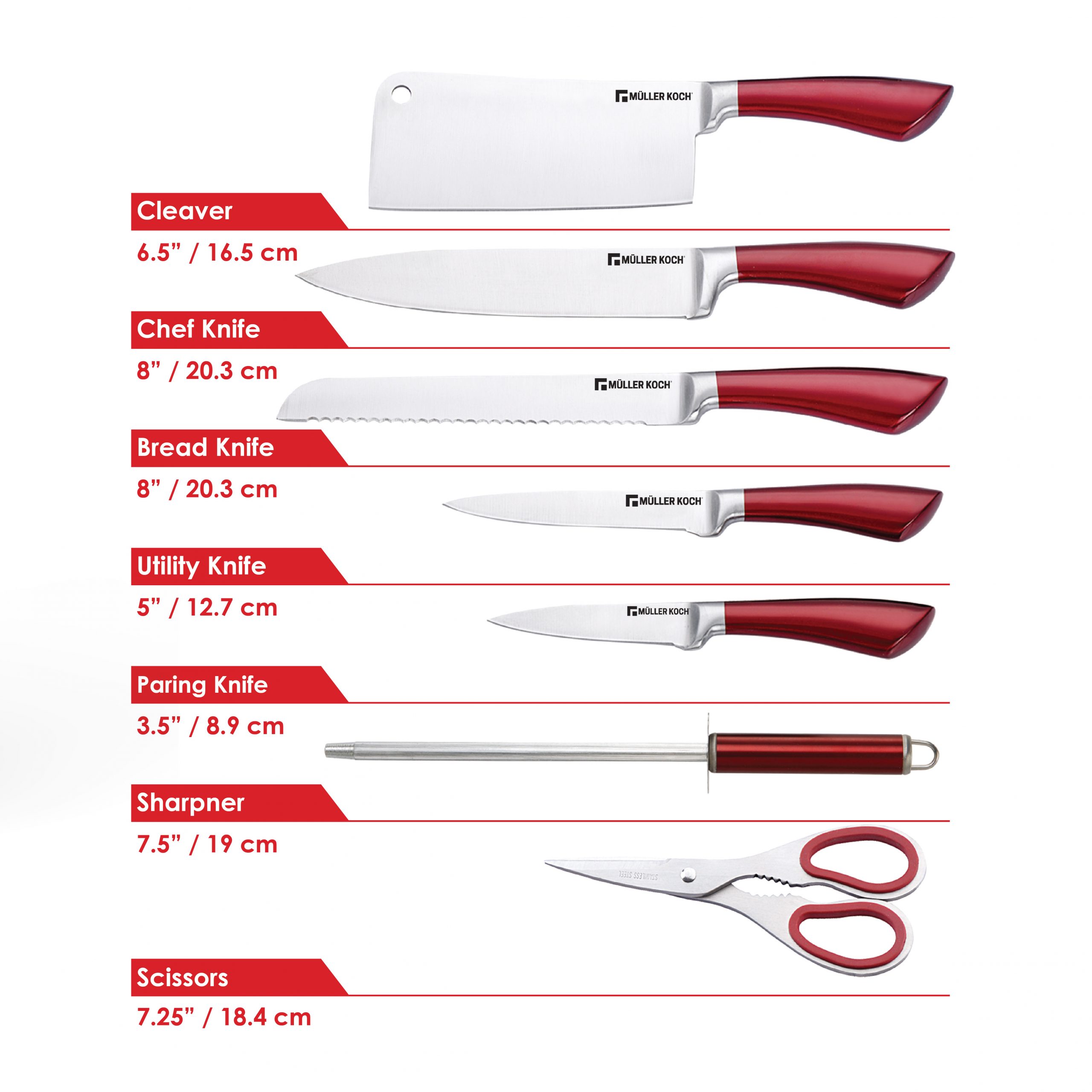 mayoria reparar borde Juego de cuchillos de 8 piezas rojo con soporte de acrílico - Mueller  Kitchen